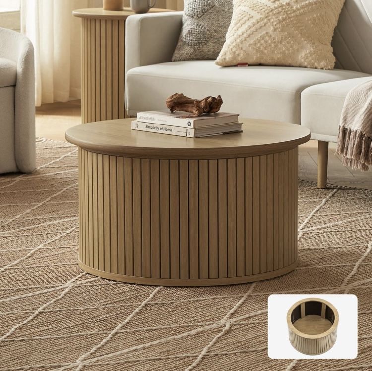 Quin Tambour Round Circle Coffee Table with Storage, Drum Accent, Mid Century Modern, Wood, Fluted Center, Tea Table with Removable Lid, Living Room (