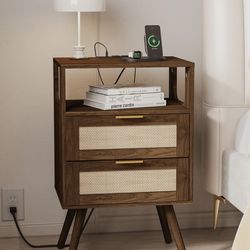 Rattan Nightstand with Charging Station, Farmhouse Bedside Table with 2 Storage Drawer and Open Wood Shelf, for Bedroom and Small SpReg.Retail $64.99