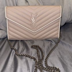YVES SAINT LAURENT Envelope Flap Chevron Caviar Leather Chain Shoulder Bag Pink