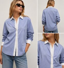 H&M Blue & White Striped Contrast Collar Button-Up Shirt
