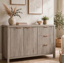 OAKHAM Storage Cabinet with 3 Drawers, Fluted Sideboard Buffet with Adjustable Shelf, Gray Oak Enhance your home with the OAKHAM Oxford Sideboard Buf