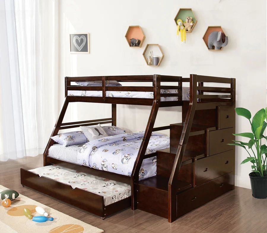 Espresso Twin/Full Bunk Bed w Stairway Chest and Trundle