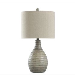 25.5 in. French Oak Table Lamp with White Hardback Fabric Shade - New