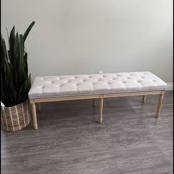 LUE BONA 60" Fabric End of Bed Bench, Upholstered Tufted French Bedroom Bench with Carved Legs for B