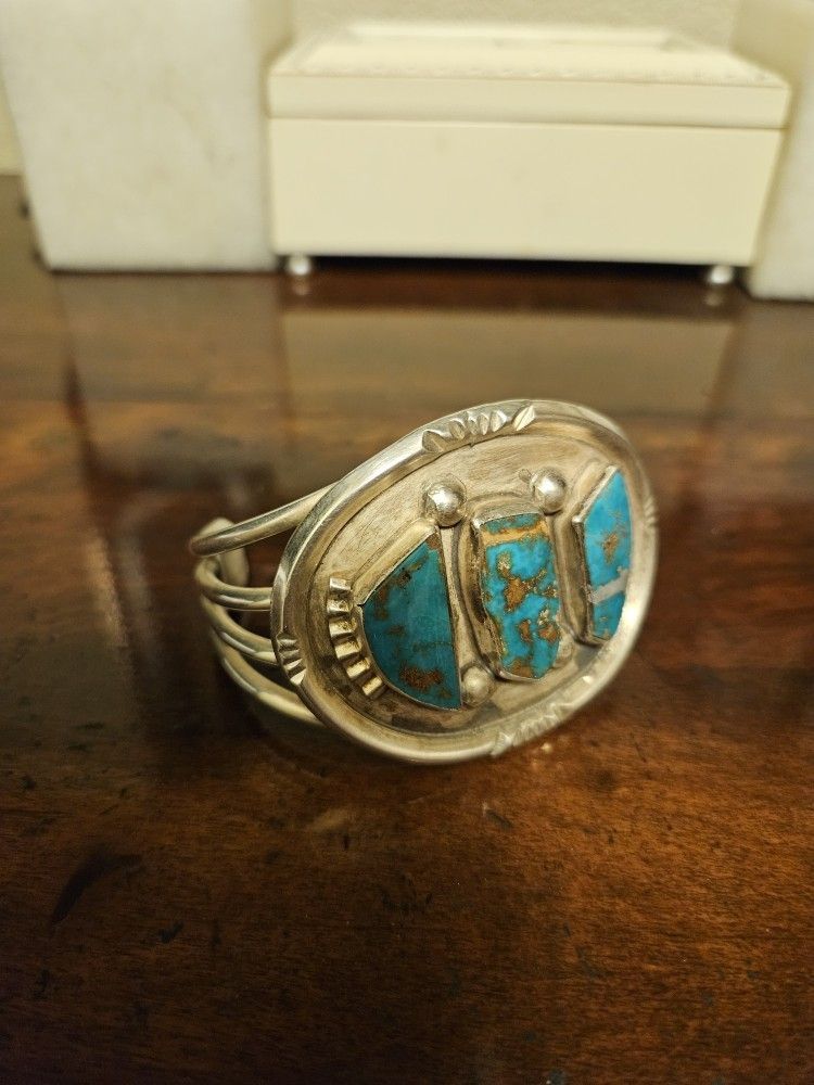 Mens Large Sterling And Turquoise Wristlet.