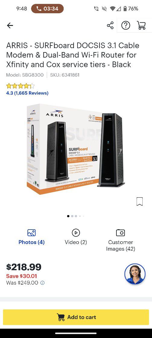 ARRIS - SURFboard DOCSIS 3.1 Cable Modem & Dual-Band Wi-Fi Router for Xfinity and Cox service tiers Black