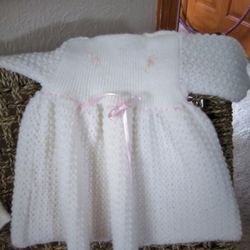 Crocheted  6mo. White Dress, Pink Sweater And 4 Hats