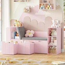 61.5" Kids Reading Nook with 3-Layer Bookshelf, Reading Nook for Kids with Double Bench and Rolling Drawers, Bookshelf and Toy Storage for Nursery, Pl