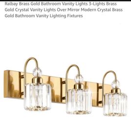 Ralbay Brass Gold Bathroom Vanity Lights 3-Lights Brass Gold Crystal Vanity Lights Over Mirror Modern Crystal Brass Gold Bathroom Vanity Lighting Fixt