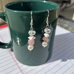 Dangle earrings with clear, pink, white beads and pearls