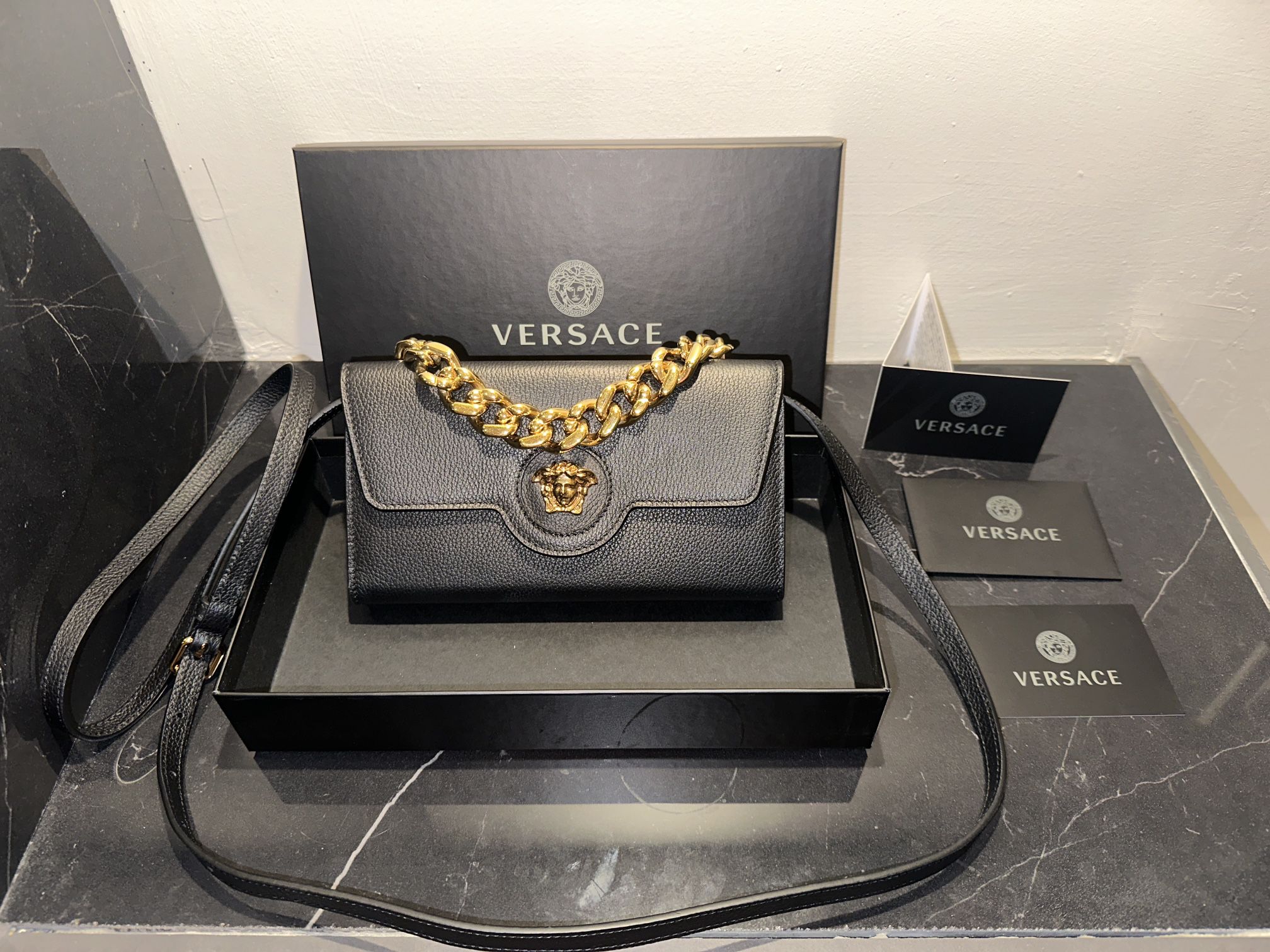 Brand New Authentic Designer Versace Black Gold Medusa Crossbody Wallet Wristlet Birthday Gift 