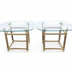 Pair of Vintage Hollywood Regency Brass Glass Side Tables with Shell Detail