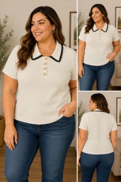 Alice Blue Cream Knit Collared Top | Pearl Button Detail | Women’s Large