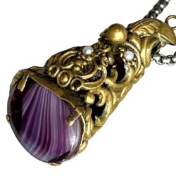 Amethyst Gem Gemstone Fine Art Necklace Pendant Solid Brass in Gold Color Pearl Cabochons UNISEX Men Women EXCLUSIVE