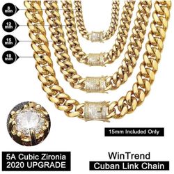 18K Gold Plating  Cuban Link Chain Necklace  with Bling Bling Cubic Zirconia Iced-Out Clasp for Men Boys W12mm / L 24 inches 18K Gold Plating