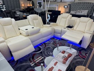 NEW 3pcs White Leatherette Reclining Living Room Set W/LED Light