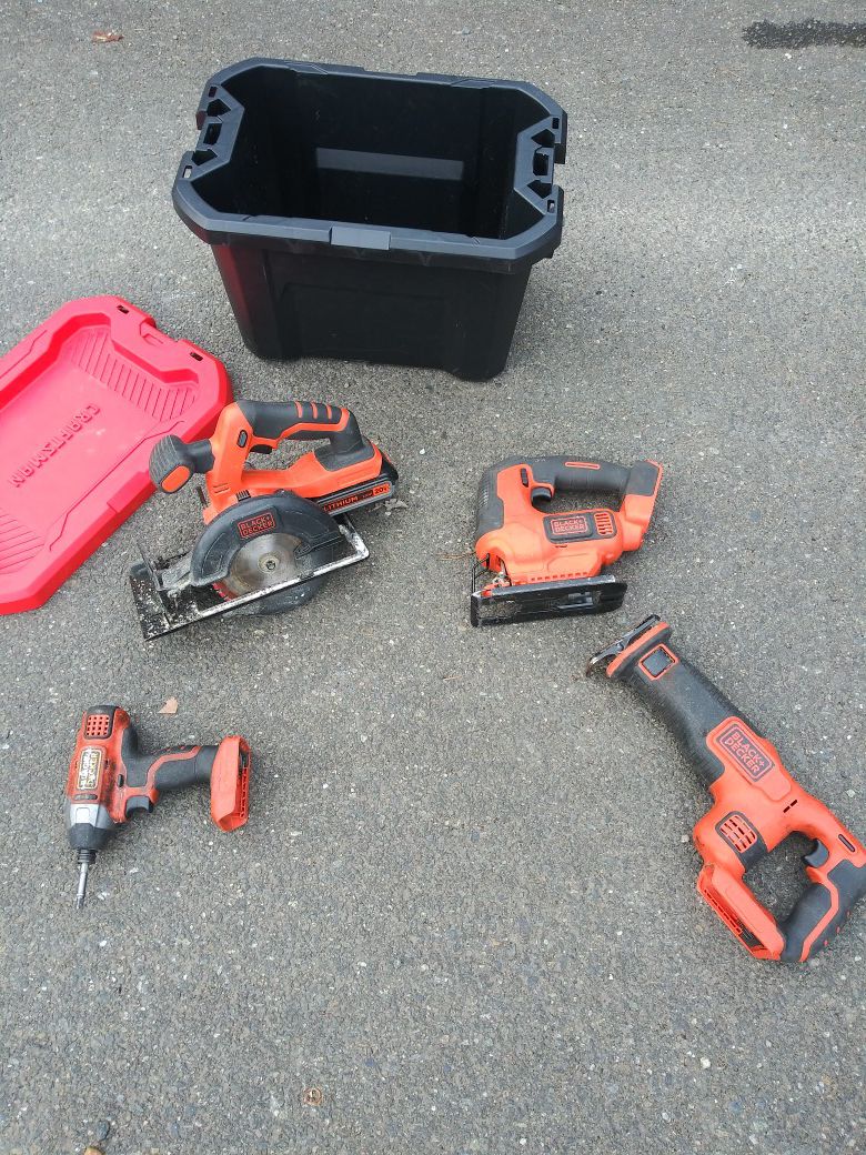 Black and Decker 20V tools plus drill and lots of batteries plus chargers