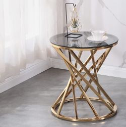 Industrial Style Glass End Table with Stainless Steel Frame, 19.5 Inch Hourglass Shape Side Table, E