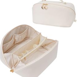 Large Capacity Cosmetic Bag for Women, Waterproof PU Leather Makeup Bag for Travel,Toiletry Bag Make up Organizer with Divider and Handle (White)