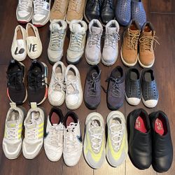 Kids Shoes up left to Right  DC size 4y $10  Boots light brown size 4Y $15  Black dress shoes size 4Y $15  Robber water shoes 2.5y $5  White Tom’s Gir