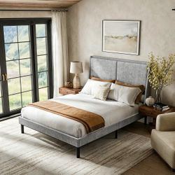 Queen Size Bed Frame with 51.2" Tall Double Backrest Headboard, Metal Platform Bed Frame, No Box Spring Needed, Noise-Free, Stain-Resistant Linen，Grey
