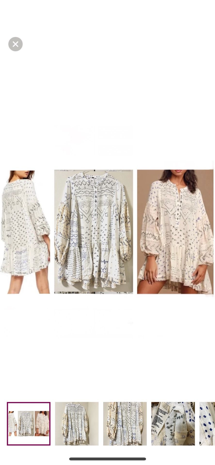 Free People Shibori Ivory Print Long Sleeve Button Up Tunic/Dress Size XS