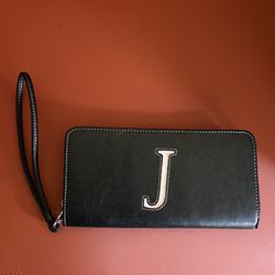 Leather wristlet - black with J letter, NEW