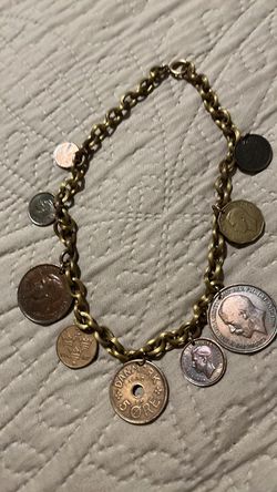 Handmade Bracelet , Vintage Foreign Coins Attached To A Gold Toned Metal Chain