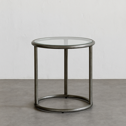 18” Round Glass Top Side Table – Brushed Nickel Modern Metal Accent Table