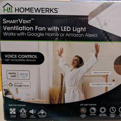 New Homewerks SmartVent Ventilation Fan With Led Light, Works With Google Home Or Amazon Alexa