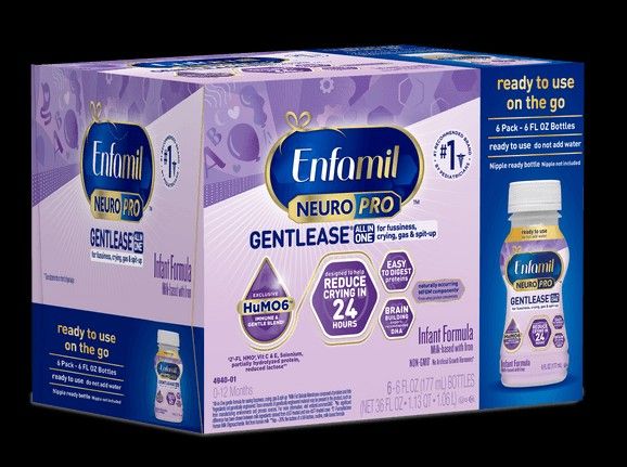 6-pack of 6 fl oz Enfamil NeuroPro Gentlease ready-to-use infant formula bottles.