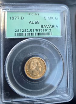 1877D GOLD Germany Bavaria 5 Mark coin - RARE!!!
