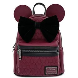 Loungefly Disney Minnie Mini Backpack Maroon Quilted Womens Double Strap Shoulder Bag Purse