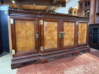 Chinoiserie Wood Credenza With Brass Hardware and Burl Doors