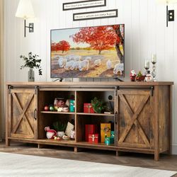 70" Farmhouse Sliding Barn Door TV Stand for TVs Up to 80" TVs, Entertainment Center Console Table with Adjustable Shevles