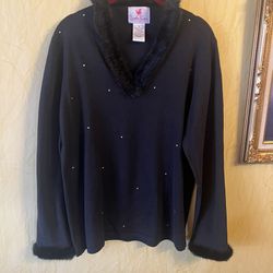 Quacker Factory Sweater Womens Medium Black Fur Trimmed Collar Rhinestones