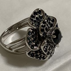 Genuine dark sapphire gemstone rose design ring on Sterling silver, size 7, 7.5