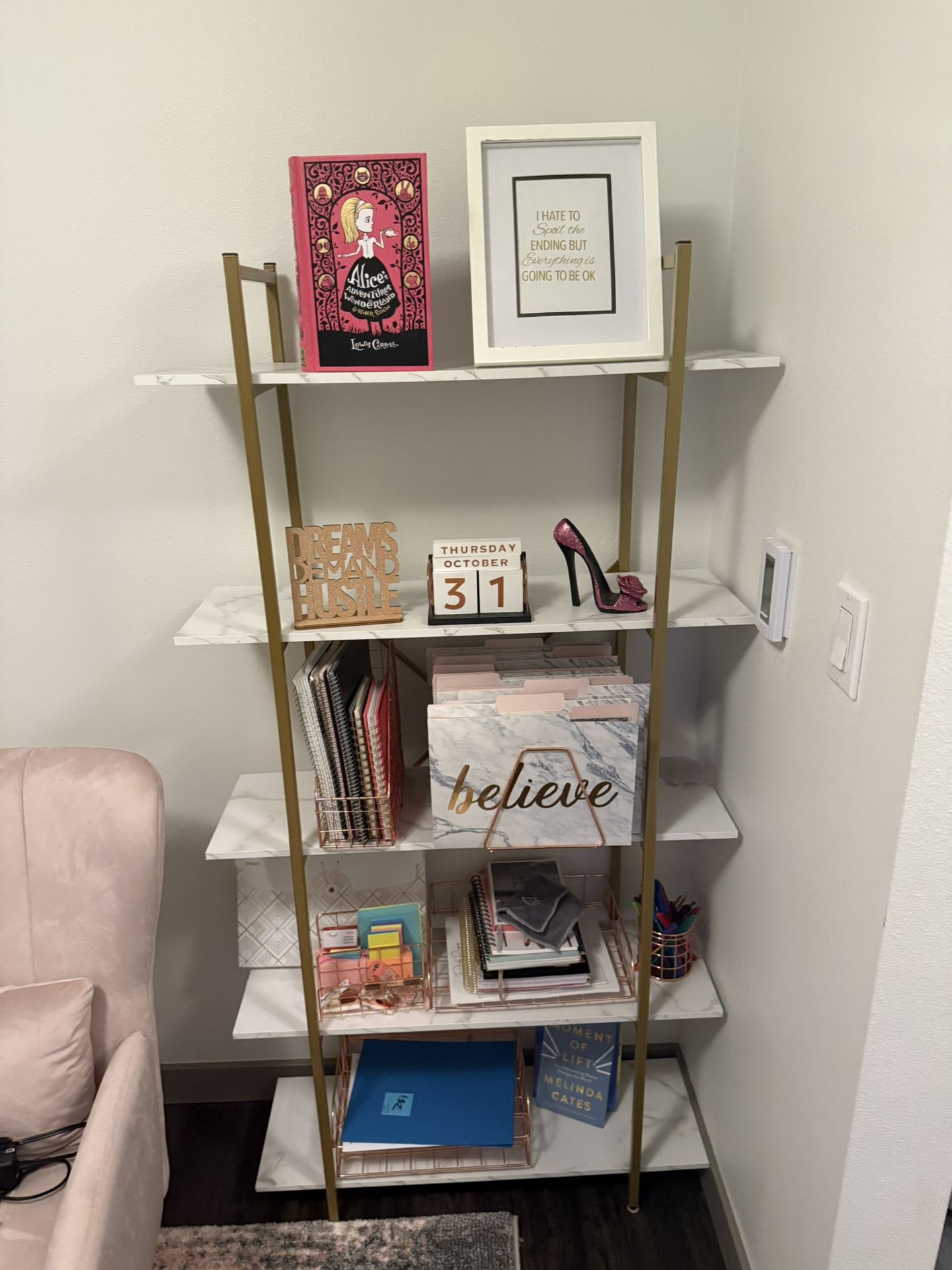 Fully Assembled 5-Tier White Faux Marble & Gold Book Shelf