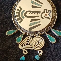 Vtg.sterling Silver Inlaid Turquoise "BORN TO FLY" Pendant& Pin