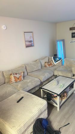 OfferUp title  Large Cream Corduroy Modular Sectional Sofa – Fair Condition