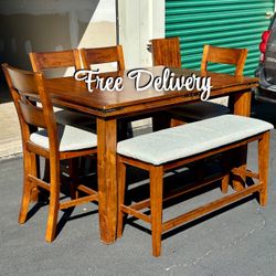Dining Set Table 4 Chairs and Bench w/ Leaf Counter Hight