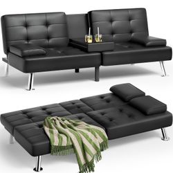 Faux Leather Futon Sofa Bed with Removable Armrests