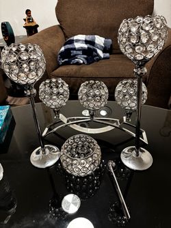 Crystal Ball Candle Holder Set Silver
