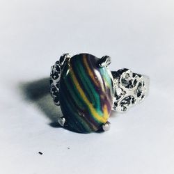 RAINBOW CALSILICA POLISHED CABECHON QUALITY TITANIUM SILVER NEW SIZE 5.5 RING