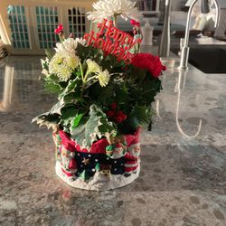Holiday Flower Arrangement In Santa Claus Ceramic Vase