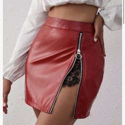 Faux PU Leather High Waist Lace Zipper Front Mini Bodycon Skirt