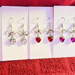 $10ea Heart Shaped Bow Accent Glass Gem Earrings 