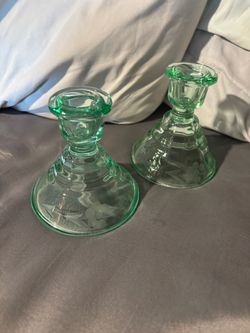 Vintage Green Depression Glass Candlestick Holders Pair