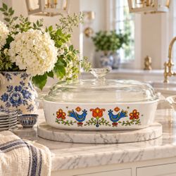 Vintage CorningWare "Country Festival" “Friendship Blue Bird" 2.5-liter square casserole dish lid Collectible Baking  Serving Centerpiece Retro Mid Ce