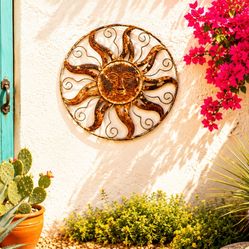 Vintage, rusty, weathered, aged metal sun round wall hanging collectible garden art, patina landscap Or Decor Sculptural Metal